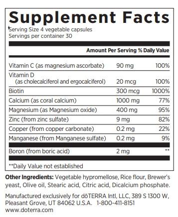 Supliment doterra Bone Nutrient Lifetime Complex detalii de pe ambalaj